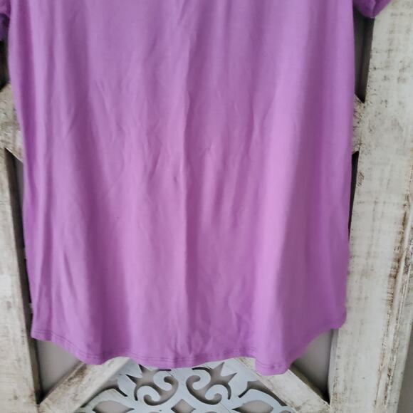 Women's Short Sleeve Relaxed Fit T-Shirt Tee Top with Criss Cross V-Neck Purple - Picture 9 of 12